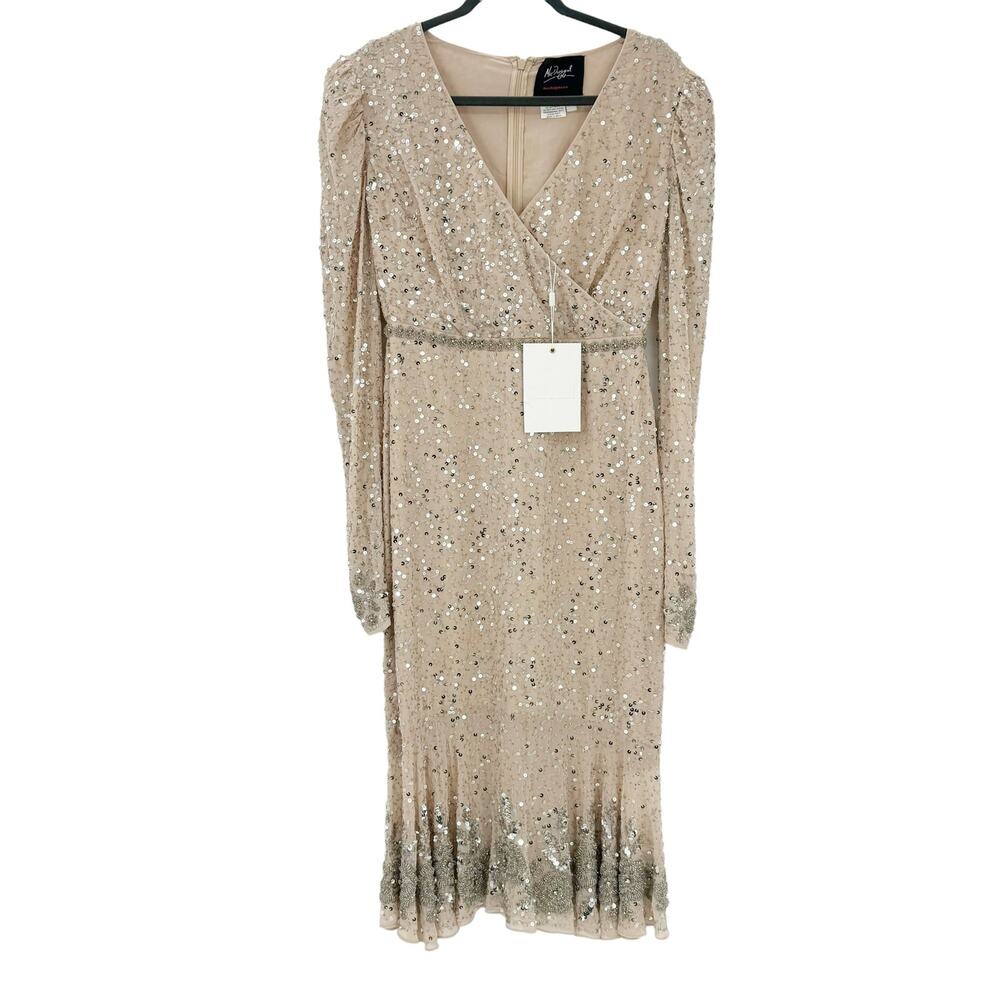 Mac Duggal 10740 Fetching Sequined Dress Nude Silver Size 6 NWT - Picture 7 of 12